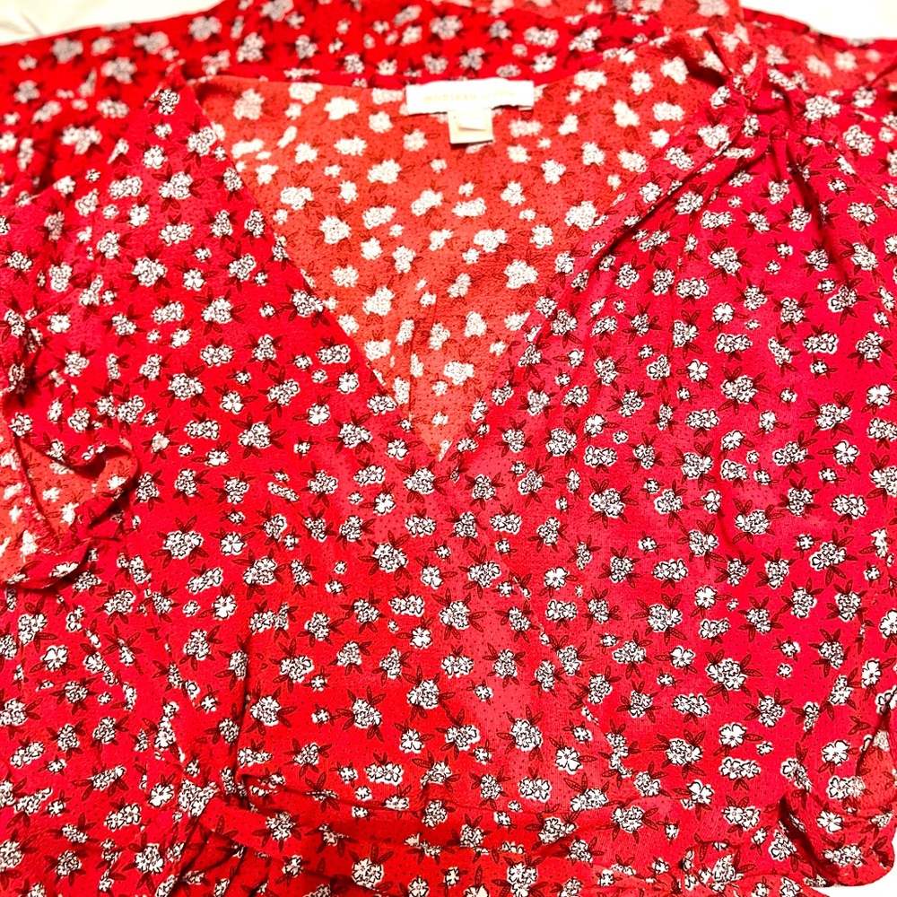 Monteau Red Floral Wrap-Style Dress with White Print - Picture 4 of 6